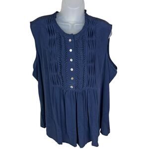 COLDWATER CREEK Womens Size 1xl Blue Silk Pleated Sleeveless Popover Shirt